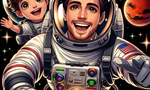 Um astronauta, Lucas, está no centro da imagem, flutuando alegremente no espaço. Ele usa um grande capacete brilhante e um traje espacial branco com detalhes coloridos. Seu rosto irradia excitação e curiosidade, enquanto seus olhos brilhantes observam as estrelas ao seu redor. Ao seu lado está Estela, um garoto de 8 anos, com cabelos castanhos e olhos arregalados, sorrindo com admiração. Ele veste uma roupa espacial menor, com padrões coloridos, e estende a mão em direção a uma estrela brilhante. Ao fundo, o espaço é preenchido com planetas coloridos, incluindo Marte, visível ao longe. Estrelas cintilantes iluminam o céu negro, criando uma atmosfera mágica e misteriosa. A cena principal mostra Lucas e Estela flutuando juntos, explorando a imensidão do espaço, com expressões de alegria e admiração, prontos para viver uma grande aventura intergaláctica.