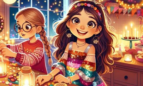 Uma menina de 12 anos, Laura, com longos cabelos castanhos e olhos brilhantes, está no centro da imagem, sorridente e cheia de entusiasmo, decorando uma mesa para a festa de Ano Novo. Ela usa um vestido colorido adornado com lantejoulas e segura estrelas de papel nas mãos, pronta para pendurá-las. Ao lado dela, sua melhor amiga Clara, também de 12 anos, com cabelos loiros trançados e óculos redondos, a ajuda colocando lanternas na mesa. Clara tem uma expressão concentrada, mas alegre, e veste um suéter vermelho com um padrão de floco de neve. A cena ocorre em uma cozinha acolhedora, decorada com luzes e balões coloridos. A luz suave das lanternas cria uma atmosfera festiva, enquanto pratos de doces como brigadeiros e beijinhos estão dispostos na mesa. Laura e Clara estão preparando a festa, cercadas de risos e alegria, com brilhos de luz e cores vivas que evocam a excitação do Ano Novo.