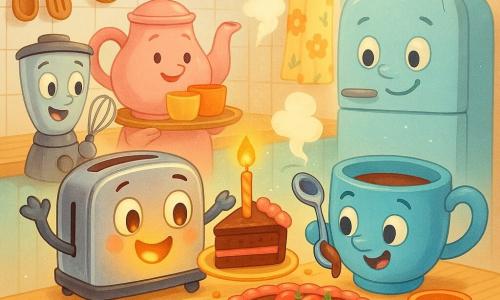 Tino, un piccolo tostapane antropomorfo metallico con occhi rotondi e fessure per bocca, è gioioso e tiene una fetta di torta al centro del tavolo; Lila, una tazza blu col grande sorriso e il manico a forma d'orecchio, versa una cucchiaiata di cioccolata calda a destra di Tino; Rosa, una teiera rosa dal volto benevolo, tiene un vassoio di tazze sullo sfondo; Turbo, un frullatore argentato con occhi vivaci, vibra tenendo un piccolo frustino a sinistra; un grande frigorifero azzurro osserva dal fondo con un minuscolo palloncino attaccato alla porta; tavolo di legno chiaro con briciole, una crostata al cioccolato e fragole, tazze e minuscoli palloncini usati come 
