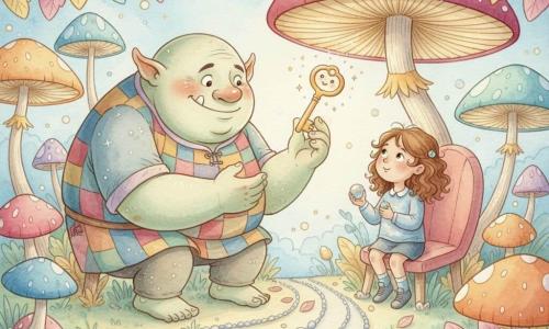 Un dolce orco grande e rotondo dalla pelle verde pallido punteggiata di piccole stelle rosa, in tunica patchwork, si accuccia sorridendo timidamente per mostrare nella sua grande mano una chiave calda; una bambina di sei anni con capelli castani ricci a destra, vicino a un fungo gigante usato come sedia, lo guarda stupita tenendo una biglia lucente; la chiave, piccola, dorata e sorridente, fluttua sopra il fungo emettendo minuscoli bagliori; la scena è un giardino di nuvole con foglie azzurre, rosa e dorate, tre sentieri (petali, ciottoli brillanti, un filo d'argento ondulante) e funghi colorati come ombrelli, atmosfera calma e magica.