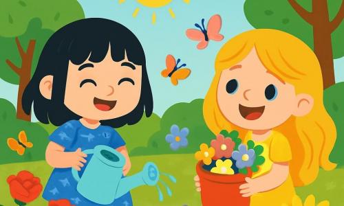 Hay 2 personajes principales: - Luna: una niña de 8 años con cabello negro como la noche, que lleva un vestido azul adornado con pequeñas estrellas blancas. Está sonriendo y sostiene un regadera en sus manos. - Sol: una niña de 8 años con cabello dorado como el sol, vestida con un brillante vestido amarillo. Tiene una gran sonrisa y sostiene un balde lleno de flores coloridas. La situación principal ocurre en el jardín del viejo señor Tomás, lleno de flores brillantes de todos los colores: rosas rojas, girasoles amarillos y violetas delicadas. El jardín está rodeado de grandes árboles verdes, y el sol brilla arriba, creando un ambiente alegre y cálido. La escena muestra a Luna y Sol regando las flores del jardín con entusiasmo, riendo y conversando alegremente mientras embellecen aún más el jardín. Mariposas coloridas vuelan alrededor de ellas, añadiendo un toque mágico a esta escena de camaradería y bondad.