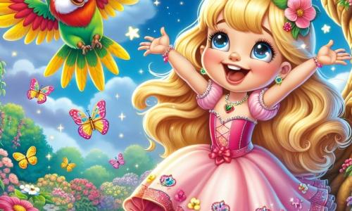 La principessa Lella, una ragazza di circa 8 anni con lunghi capelli dorati e un vestito rosa scintillante, è seduta sotto un grande albero di mele, con gli occhi brillanti di gioia e meraviglia. Sorride ampiamente, le braccia aperte, come se stesse per volare nei suoi sogni. Accanto a lei, Pongo, un pappagallo colorato con piume verdi, gialle e rosse, vola gioiosamente attorno a lei, le ali spiegate, emettendo un entusiasta "SQUAWK!". Sembra amichevole e birichino, aggiungendo un tocco di magia alla scena. Il luogo è un giardino incantevole, pieno di fiori dai colori vivaci, con farfalle che danzano nell'aria e un cielo azzurro punteggiato di nuvole soffici. L'albero sotto cui Lella è seduta è maestoso, con mele rosse brillanti appese ai suoi rami. La situazione principale mostra Lella e Pongo che sognano insieme, con Lella che immagina di volare nel cielo, mentre Pongo la incoraggia con grida gioiose. L'atmosfera è piena di risate e magia, catturando lo spirito di avventura e felicità del regno incantato.