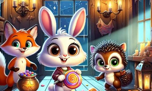 Al centro dell'immagine, un piccolo coniglio bianco di nome Bibi, con grandi occhi rotondi e lunghe orecchie, esprime curiosità mescolata a un po' di paura, mentre tiene una caramella colorata tra le zampe. Alla sua destra, Pino il porcospino, con il suo pelo marrone e le spine in piedi, mostra un'espressione di eccitazione, indicando una nave di caramelle scintillanti posata su un vecchio tavolo di legno. A sinistra, Lola la volpe, con il suo pelo rosso brillante e la coda folta, sorride gioiosamente, pronta a gustare una caramella, mentre si trova vicino a una finestra polverosa. Il decor si svolge all'interno di una casa misteriosa e oscura, con muri in legno antico, adornati da ragnatele e lanterne tremolanti, creando un'atmosfera magica e leggermente spaventosa. Ombre danzano sul pavimento, mentre una luna brillante filtra attraverso le finestre rotte. La situazione principale mostra i tre amici che scoprono caramelle magiche in questa casa infestata, pronti a vivere un'avventura emozionante superando insieme la loro paura.