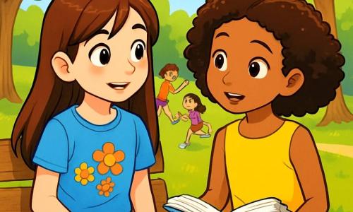 Una niña de 10 años, Lucía, con largos cabellos castaños y ojos brillantes, observa con curiosidad y una ligera sonrisa, sentada en un banco de madera en un parque soleado. Lleva una camiseta azul con un diseño de flores y un short de mezclilla. A su lado, su mejor amiga Amina, también de 10 años, tiene el cabello rizado y lleva un vestido amarillo brillante, sostiene un libro abierto y parece atenta a lo que dice Lucía. Al fondo, un grupo de niños juega con un balón, riendo y corriendo sobre la hierba verde, mientras árboles con hojas de un verde intenso ofrecen sombra. La escena transmite una atmósfera de camaradería y paz, mientras Lucía y Amina discuten la importancia de la comunicación para resolver conflictos, rodeadas de risas y juegos.
