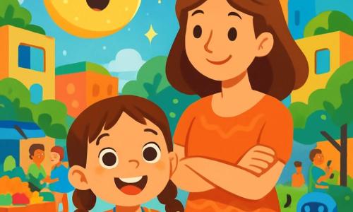 Una bambina di 4 anni, con lunghe trecce castane e occhi scintillanti di curiosità, sorride felicemente tenendo una medaglia brillante a forma di cerchio attorno al collo. Si trova al centro della scena, circondata da colori vivaci e luci scintillanti. Accanto a lei, sua madre, una donna di circa trent'anni con capelli castani e un sorriso caloroso, guarda la figlia con orgoglio, con le braccia incrociate, indossando un abito leggero e colorato. La scena si svolge in una piazza futuristica, dove case cubiche dai colori vivaci si muovono lentamente, circondate da giardini lussureggianti sui tetti. Alberi con foglie brillanti e robot amichevoli che cantano aggiungono un'atmosfera gioiosa all'ambiente. La bambina e sua madre si trovano in mezzo a una folla felice, dove le persone si scambiano sorrisi e idee. La piazza è animata, con un mercato di frutta colorata da un lato e un grande tappeto da gioco verde dall'altro, mentre una grande sfera luminosa flottante, Luma, veglia su tutti con occhi sorridenti.