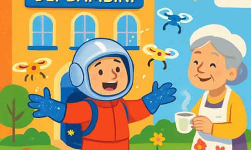 Milo Astrocuore è un uomo sorridente, con un cappotto rosso ciliegia brillante e un casco argentato. I suoi guanti brillano e ha stelle adesive sul suo zaino. Si tiene con sicurezza, le braccia aperte, pronto a guidare droni giocosi intorno a lui. Nonna Mei, una donna anziana con capelli argentati e un sorriso caloroso, è vicina, tenendo un bicchiere di tè fumante. Indossa un grembiule floreale e guarda Milo con benevolenza, pronta a offrirgli un rinfresco. La scena si svolge davanti alla Biblioteca dei Bambini, un edificio con finestre azzurre, circondato da fiori colorati e piccoli alberi. I raggi del sole illuminano il luogo, creando un'atmosfera gioiosa e accogliente. Milo usa il suo guanto luminoso per guidare i droni che danzano intorno a lui, creando motivi scintillanti nell'aria. I bambini ridono e applaudono, rapiti dallo spettacolo incantevole di questa giornata di sole.