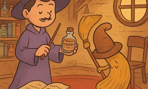 Um jovem feiticeiro chamado Tomé, rosto redondo e bigode fino, sorridente, veste uma túnica violeta pálida e um chapéu ligeiramente grande; segura uma pequena garrafa rotulada “Vinagre (talvez)” em uma mão e uma varinha de madeira na outra, parado no sótão. Uma vassoura personificada, cerdas douradas e cabo envernizado, faz uma reverência teatral sobre o tapete central; um caderno animado de capa verde com cantos gastos está aberto numa mesa baixa e escreve sozinho em tinta preta; um chapéu tímido, castanho e amassado, repousa numa cadeira tremendo levemente. O sótão é acolhedor, com vigas de madeira à vista, prateleiras cheias de frascos etiquetados, um grande tapete redondo vermelho e uma janela circular com luz suave. Cena cômica em que Tomé negocia calmamente com os objetos vivos para pôr ordem, com expressões marcantes, gestos suaves e paleta quente (ocre, violeta, vermelho) com toques de verde e azul.