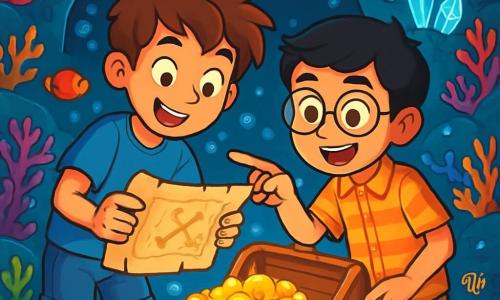 Há 2 personagens principais: - João: um garoto de 11 anos, com cabelos castanhos bagunçados e olhos brilhantes de curiosidade. Ele usa uma camiseta azul e um short de jeans. João está inclinado sobre um mapa antigo, fascinado por uma descoberta. - Miguel: um garoto de 11 anos, com óculos redondos e cabelos negros. Ele usa uma camisa listrada e uma calça bege. Miguel está ao lado de João, apontando para um símbolo misterioso no mapa. O local da situação principal é uma caverna submarina, iluminada por cristais azuis que refletem a luz por toda a sala. As paredes estão cobertas de corais coloridos e gravuras antigas, enquanto um grande baú de madeira, cheio de tesouros reluzentes, ocupa o centro da caverna. A situação principal da história mostra João e Miguel descobrindo um antigo tesouro submarino, com moedas de ouro e joias brilhantes. Eles estão maravilhados, com os rostos iluminados pela magia da descoberta, enquanto peixes coloridos nadam ao redor, adicionando à atmosfera encantada da aventura.