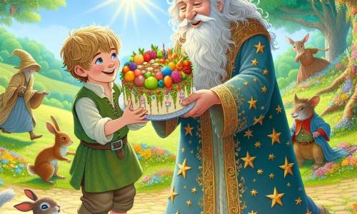 Der kleine Däumling, ein Junge mit kastanienbraunen Haaren und funkelnden Augen, steht lächelnd in der Mitte der Szene und hält einen riesigen, mit bunten Früchten dekorierten Kuchen. Er trägt ein grünes Tunika und eine Leinenshose sowie abgenutzte Lederschuhe. Neben ihm steht ein alter Zauberer mit weißem Bart und leuchtenden Augen, der in einem blauen, mit goldenen Sternen verzierten Gewand gekleidet ist, und bewundert mit einem warmen Lächeln den Kuchen. Um sie herum tanzen fröhlich Tiere des Waldes wie Hasen und Eichhörnchen, was der Szene einen Hauch von Magie verleiht. Die Kulisse ist eine wunderschöne, sonnige Lichtung, umgeben von majestätischen Bäumen mit leuchtend grünen Blättern und bunten Blumen, die den Boden bedecken und eine festliche, einladende Atmosphäre schaffen. Die Hauptsituation zeigt den kleinen Däumling und den Zauberer, die zusammen einen Moment des Glücks teilen, umgeben von ihren tierischen Freunden, bereit, gemeinsam bei einem großen Fest im verzauberten Wald zu feiern.