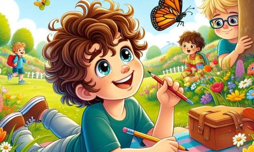 Un niño de 12 años, Lucas, con cabello castaño y rizado, y ojos llenos de curiosidad, está sentado sobre una manta colorida en un parque soleado. Sonríe entusiasmado, sosteniendo un lápiz y un cuaderno de bocetos, listo para dibujar una hermosa mariposa que vuela a su alrededor. A su lado, su amigo Tomás, un niño de 11 años con gafas y cabello rubio, observa atentamente la mariposa, con una sonrisa maravillada en el rostro. Están rodeados de flores brillantes y coloridas, como tulipanes y margaritas, que bailan suavemente con la brisa primaveral. Al fondo, un gran árbol con hojas verdes exuberantes ofrece sombra, mientras que otros niños juegan alegremente, añadiendo un ambiente festivo a la escena. La situación principal muestra a Lucas y Tomás explorando la naturaleza, cautivados por la belleza de la primavera y listos para descubrir las maravillas que los rodean.
