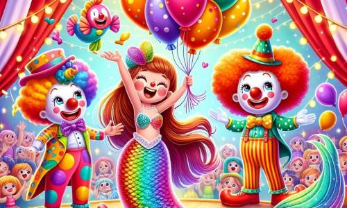 O mică sirenă pe nume Lili, cu o coadă strălucitoare în culorile curcubeului, zâmbește fericită în timp ce aruncă baloane colorate în aer cu mâna. Părul ei lung și ondulat flutură în jur, iar ochii ei strălucesc de entuziasm. Lângă ea, un clovn vesel pe nume Coco, cu un nas roșu și o pălărie mare cu buline, râde aplaudând, în timp ce un alt clovn, Bobi, cu părul zbârlit și un costum multicolor, face grimase pentru a distra publicul. Decorul este un circ vibrant, plin de lumini strălucitoare, corturi în dungi roșii și albe, și un public entuziast care aplaudă și râde. În centrul scenei, un elefant drăguț pe nume Momo jonglează cu fructe sub privirile uimite ale lui Lili și ale clovnilor. Scena emană o atmosferă de magie și bucurie, unde prietenia și spectacolul se întâlnesc într-un vârtej de culori și râsete.
