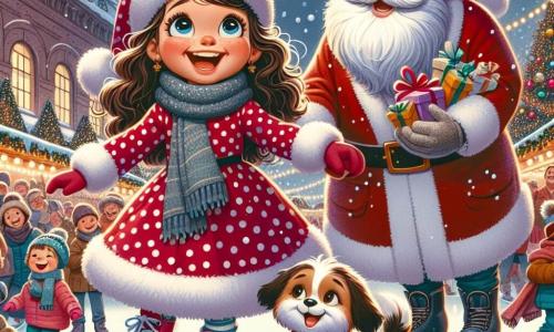 Una niña de 5 años, llamada Sofía, con largos cabellos rizados y un vestido rojo con lunares blancos, sonríe con asombro, con los ojos brillantes de alegría. Está al borde de una pista de patinaje, rodeada de luces centelleantes y decoraciones navideñas coloridas, sosteniendo un pequeño perro de pelaje marrón y blanco que mueve la cola con entusiasmo. Cerca, un hombre disfrazado de Papá Noël, de unos 50 años, con una larga barba blanca y una sonrisa cálida, reparte regalos a niños alegres, observando a Sofía con benevolencia. El lugar es un mercado navideño animado, lleno de puestos decorados con guirnaldas luminosas, árboles adornados con bolas brillantes y copos de nieve artificial que caen suavemente. Familias pasean, sosteniendo vasos de chocolate caliente y golosinas. La escena principal muestra a Sofía, maravillada por la magia de la Navidad, patinando torpemente sobre el hielo, riendo con el pequeño perro a su lado, mientras niños a su alrededor se divierten y deslizan alegremente.