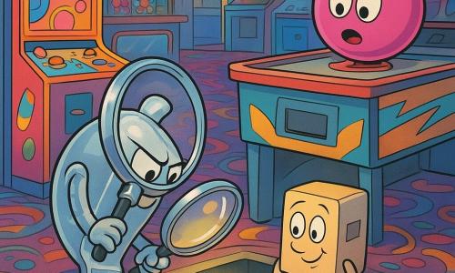 A shiny silver whistle with a mischievous, focused expression holds a magnifying glass and leans toward a hatch where colorful tokens gleam; Sprocket, a small cubic ticket dispenser on wheels, looks sheepish and crouches by stacked tokens; Glitzy, a round neon-pink game button, perches on a pinball machine looking surprised; Flicker, an anthropomorphic coin slot, stands at a game cabinet observing; in a warm, colorful arcade with patterned carpet and neon, the characters discover a secret passage under the central air-hockey table as golden and colored tokens spill from a dark chute bathed in soft yellow light.