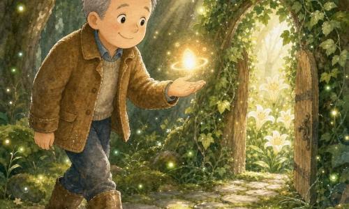 Tom, smiling and gentle with short grey hair, wearing a brown wool jacket and muddy leather boots, walks slowly and reaches toward a small floating light like a tiny fairy wand—an ovoid yellow‑orange glow with sparks and soft rings above his palm; tiny yellow‑green fireflies blink on leaves and in the air; underfoot an irregular grey stone path with green moss and warm golden spots between stones; background of tall textured brown trunks and deep green canopy with pale shafts of light and an open ivy-covered door leading to a garden of glowing white lilies; close-up centered on Tom and the light, childlike rounded shapes, delicate outlines, soft greens, warm browns, golden yellows and white highlights, magical reassuring mood.