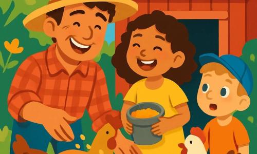 Un hombre sonriente, con el rostro bronceado por el sol, lleva un sombrero de paja y una camisa a cuadros rojos y blancos. Está alimentando a las gallinas, con una expresión alegre y bondadosa en su rostro. A su lado, una niña de unos 8 años, con cabello rizado y un vestido amarillo, ríe mientras sostiene un balde de granos, lista para dárselos a los pájaros. Un niño de 7 años, con cabello rubio y una gorra azul, observa con asombro a las gallinas picoteando el suelo, con los ojos brillantes de curiosidad. La escena tiene lugar en un encantador gallinero de madera, con paredes pintadas de rojo y un techo de tejas, rodeado de vegetación exuberante y flores coloridas. El suelo está cubierto de paja dorada, y el canto de los pájaros resuena en el aire. La situación principal muestra al hombre y a los niños interactuando alegremente con las gallinas, creando una atmósfera de felicidad y descubrimiento en la granja.