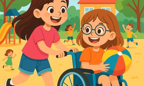 Uma menina de 8 anos, Sara, com longos cabelos castanhos e olhos brilhantes de alegria, sorri amplamente enquanto empurra uma cadeira de rodas azul. Ela usa uma camiseta rosa e um short de jeans, e seu rosto expressa grande excitação. Ao lado dela, Ana, uma menina de 8 anos com cabelos castanhos e óculos redondos, sorri entusiasticamente, seus olhos brilhando de felicidade. Ela está sentada em sua cadeira de rodas, segurando um balão colorido. A cena ocorre em um pátio escolar ensolarado, cercado por árvores verdes e brinquedos coloridos. Crianças brincam ao redor, criando uma atmosfera alegre e animada. Sara e Ana participam de uma corrida de balões, avançando juntas, rindo e se incentivando. O balão vibrante de cores voa atrás delas, simbolizando sua amizade e espírito de equipe.