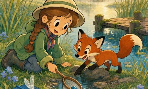 Young girl explorer (about 10) kneeling at the edge of a misty morning lake, smiling and focused, brown hair in a braid, light round hat, colorful scarf, green rain jacket, muddy boots—she reaches a small wooden dip net into clear icy water to retrieve a little blue pebble; a curious juvenile red fox stands beside her with its muzzle on a rock, playful stance indicating the pebble; a bright blue dragonfly rests on her blue notebook on the ground, translucent wings sparkling in the sun; setting: wet meadow with tall green grasses dotted with blue flowers, golden reeds along a shimmering round lake, a mossy wooden jetty and a few flat stones at the shore; soft golden light through the mist, pastel-contrasted colors, rounded features and very readable expressions.