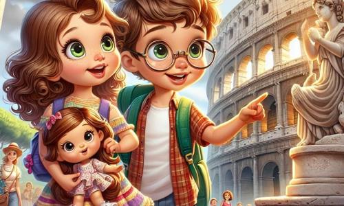 O fetiță de 8 ani, Andreea, cu părul brun și creț, având ochii mari strălucind de curiozitate, stă în fața majestuosului Colosseum din Roma. Ea poartă o rochie colorată și un rucsac mic, zâmbind cu uimire, ținându-și păpușa Peppy în brațe. Lângă ea, cel mai bun prieten al său, Mihai, un băiat de 8 ani cu părul blond și ochelari, privește cu entuziasm monumentul, arătând cu degetul spre o sculptură veche. În fundal, cerul este noros, dar razele de soare străbat norii, iluminând scena. Colosseumul, cu arcadele sale impunătoare și pietrele vechi de secole, se ridică mândru, înconjurat de turiști și vânzători de suveniruri. Situatia principală arată pe Andreea și Mihai, uimiți de arhitectura istorică, pregătiți să intre în Colosseum pentru a descoperi secretele Antichității.
