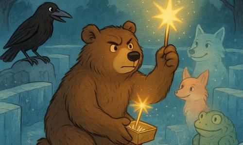 Baltazar, um grande urso-pedestre de pelagem espessa e olhar determinado, está ajoelhado no centro de um labirinto de paredes de gelo segurando delicadamente uma pequena caixa dourada de onde saem bastõezinhos luminosos; ele acende um bastão que lança uma centelha dourada em forma de estrela rumo ao céu, iluminando e fazendo derreter levemente o gelo ao redor numa clareira noturna com árvores tortas, neblina prateada, chão de neve e cristais sob uma lua cheia pálida; à esquerda, o corvo Zico observa orgulhoso empoleirado num rochedo, e atrás de Baltazar formam um círculo translúcido e amigável uma raposa de cauda flamejante, um lobo de olhos amarelos e um grande sapo verde, todos com rostos sorridentes banhados pela luz dourada, contraste de frio azul e calor dourado numa cena mágica e levemente assustadora.