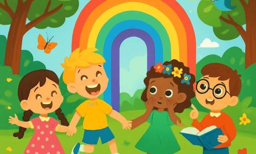 Er zijn 4 kinderen: - Lisa: een 8-jarig meisje met lange bruine vlechten, gekleed in een roze jurk met witte stippen. Ze glimlacht vrolijk met open armen, alsof ze de wereld verwelkomt. - Bram: een 7-jarige jongen met rommelig blond haar, gekleed in een gele t-shirt en een blauwe korte broek. Hij springt van blijdschap met glinsterende ogen. - Noor: een 6-jarig meisje met krullend haar en een bloemenkrans, gekleed in een groene jurk. Ze kijkt om zich heen met verwondering, met haar handen op haar wangen. - Sam: een 7-jarige jongen met ronde bril en kastanjebruin haar, gekleed in een rode trui. Hij houdt een open boek vast, nieuwsgierig, en wijst naar een vraag in de lucht. De kinderen staan hand in hand in een blije cirkel in een prachtige zonnige tuin. De plek is een grote groene tuin, vol kleurrijke bloemen, grote bomen met glinsterende bladeren en een grote regenboogpoort die onder de zon straalt. Vogels zingen in de takken en vlinders vliegen om hen heen, wat een vleugje magie aan de sfeer toevoegt. De hoofdscène toont de kinderen die een grote regenboogpoort ontdekken, gefascineerd door de levendige kleuren. Ze kijken elkaar aan met verwonderde ogen, klaar om een magische wereld binnen te treden en een onvergetelijk avontuur te beleven.