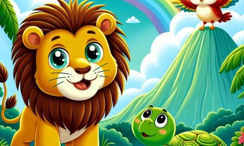 Un león llamado Leo, con una melena dorada y ojos brillantes de curiosidad, se encuentra en la cima de una montaña, sonriendo con entusiasmo. A su lado, una tortuga llamada Tula, con un caparazón verde y ojos dulces, mira al león con admiración, mientras un pequeño pájaro colorido llamado Pipo, con plumas rojas y amarillas, vuela a su alrededor cantando alegremente. El paisaje es una hermosa jungla exuberante, con árboles gigantes, flores brillantes y un cielo azul salpicado de nubes blancas. A lo lejos, un brillante arcoíris se extiende por el cielo, añadiendo un toque mágico a la escena. Leo, Tula y Pipo están juntos, celebrando su victoria de haber alcanzado la cima, listos para admirar el hermoso arcoíris que los inspira a continuar sus aventuras.