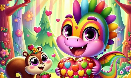 Un pequeño dragón llamado Dimi, con escamas brillantes de todos los colores del arcoíris, sonríe alegremente mientras sostiene un gran corazón hecho de frutas coloridas. Sus ojos brillan de emoción mientras se encuentra en el centro de la escena, listo para compartir su regalo. A su lado, una pequeña ardilla llamada Lila, con pelaje marrón y una cola esponjosa, salta de alegría, sus ojos brillantes de felicidad. Ella sostiene una fresa en sus patas y mira a Dimi con admiración. El escenario se sitúa en el Bosque Colorido, un lugar mágico con árboles altos y frondosos, adornados con flores brillantes y rayos de sol que filtran a través de las ramas, creando una atmósfera cálida y festiva. La situación principal muestra a Dimi y Lila, rodeados de sus amigos animales, celebrando el Día de San Valentín, compartiendo risas y alegría mientras ofrecen el corazón de frutas a todos los que los rodean, simbolizando la amistad y el amor.