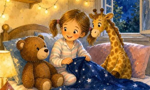 Een 6-jarig meisje met lichtbruin haar in staartjes, een rond glimlachend gezicht en fonkelende ogen zit op haar bed in pastelgestreepte pyjama en stopt haar knuffels op met een vrolijke dromerige uitdrukking; naast haar ligt een middelgrote bruine knuffelbeer Boris met zichtbare naden, trouw en zacht, die haar aanziet alsof hij een verhaal hoort; een hoge slanke girafknuffel met licht gebogen nek en gele vlekken staat tegen het kussen bij het hoofdeinde en kijkt ondeugend; de kleine warme kamer heeft crèmekleurige muren met gele lichtslingers, een donkerblauwe deken met witte sterren op het bed en een open raam dat zilveren maanlicht binnenlaat; de scène toont haar die een mini-slaapfeestje organiseert, ze zet de knuffels op een rij, legt een klein sterrendekentje over Boris en fluistert een verhaaltje, tedere, rustige en licht magische sfeer.