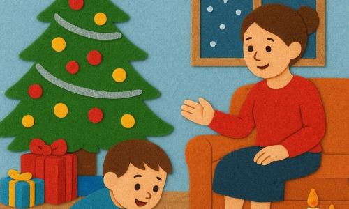 Un bambino di 2 anni, gioioso e stupito, capelli castani corti, guance rotonde e occhi vivaci, accovacciato a guardare sotto l'albero con un piccolo campanellino d'oro in mano; una donna (sua madre, circa 30 anni), sorridente e dolce, capelli castani raccolti in uno chignon, seduta sul divano dietro di lui con la mano tesa in segno di incoraggiamento; un grande albero di Natale verde con palline rosse e dorate, ghirlande argentate e una stella in cima, regali colorati e una scatola rossa con un grande fiocco ai piedi; salotto caldo con pavimento in legno chiaro, tappeto morbido e due candele accese sul tavolino, fiocchi di neve che cadono davanti a una finestra ghiacciata; scena semplice e tattile con forme nette in feltro, colori caldi e contrastati, texture visibili, contorni morbidi ed elementi facili da ritagliare per un pannello sensoriale.