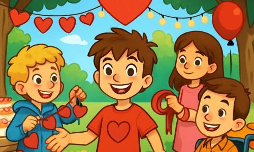 Ci sono 4 bambini: Marco, un ragazzo di 10 anni con capelli castani disordinati e occhi vivaci, indossa una maglietta rossa con un cuore disegnato e sorride entusiasta al centro; Luca, un ragazzo di 10 anni con capelli ricci e biondi, indossa una felpa blu e si trova a sinistra di Marco, pronto ad appendere ghirlande di cuori di carta; Davide, un ragazzo di 10 anni con capelli corti e castani, usa una sedia a rotelle, indossa una camicia a quadri e si trova a destra di Marco, sorridendo mentre tiene un piatto di biscotti decorati; Sofia, una ragazza di 10 anni con lunghi capelli castani e occhi curiosi, indossa un vestito rosa e si trova dietro Marco, pronta ad aiutare con le decorazioni. La scena si svolge in un parco all'aperto, con alberi alti e foglie verdi. Ghirlande di cuori di carta e luci scintillanti decorano i rami, mentre uno striscione a forma di cuore è appeso tra due alberi. I tavoli sono coperti di dolci e biscotti colorati, e palloncini rossi fluttuano nell'aria. I quattro amici stanno preparando una festa di San Valentino, circondati da decorazioni colorate e sorrisi, pronti ad accogliere gli abitanti del villaggio per celebrare amicizia e amore.