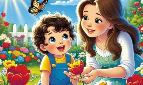 Um menino de 2 anos, com cabelos cacheados e olhos brilhantes, está sentado em um jardim ensolarado. Ele usa um macacão azul e uma camiseta amarela, sorrindo com admiração ao olhar para uma linda flor colorida. Ao seu lado, sua mãe, uma mulher de cerca de 30 anos, com longos cabelos castanhos e um sorriso caloroso, está agachada. Ela veste um vestido leve e observa o filho com ternura, mostrando-lhe uma bela borboleta que voa ao redor deles. O jardim está repleto de flores vibrantes: tulipas vermelhas, margaridas brancas e narcisos amarelos, sob um céu azul claro com algumas nuvens brancas fofas. Pássaros cantam nas árvores verdejantes, e uma brisa suave faz as folhas dançarem. A cena principal mostra o menino maravilhado com a beleza da natureza, aprendendo a descobrir as maravilhas da primavera com sua mãe ao seu lado, em um momento de alegria e cumplicidade.