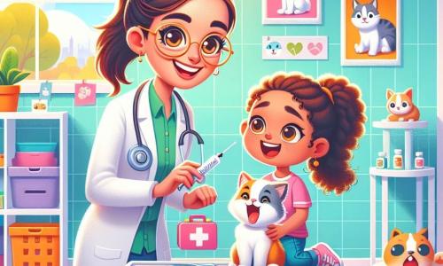 La doctora Marta es una mujer sonriente, que lleva una bata blanca y gafas redondas. Su cabello castaño está recogido en una coleta y tiene ojos brillantes de entusiasmo. Sostiene un maletín de primeros auxilios y mira con determinación a un pequeño gatito que tose, sentado frente a ella en una mesa de examen. A su lado, Sofía, una niña de 8 años con cabello rizado y una gran sonrisa, sostiene un peluche de conejo en sus brazos. Observa atentamente a la doctora, con los ojos brillantes de emoción. La escena se desarrolla en una clínica veterinaria luminosa, con paredes pintadas de verde pastel y carteles coloridos de animales. Hay juguetes para mascotas esparcidos por el suelo, y una ventana deja entrar la luz del sol, iluminando la habitación. La situación principal muestra a Marta examinando al gatito con cuidado, mientras Sofía, llena de entusiasmo, hace preguntas sobre lo que está haciendo, creando una atmósfera cálida y amigable.