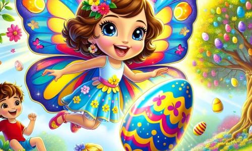 Una charmante farfalla colorata di nome Lilla, con ali brillanti nelle tonalità di blu, giallo e rosa, vola gioiosamente sopra un grande albero decorato con fiori vivaci e uova di Pasqua colorate. Sorride radiosamente, esprimendo la sua gioia per la festa. Intorno all'albero ci sono diversi bambini: Marco, un ragazzo dai capelli castani e occhi scintillanti, indossa una maglietta rossa e salta di gioia tenendo un uovo blu brillante che ha appena trovato. Sofia, una bambina con trecce dorate, sorride ampiamente mentre tiene un uovo dipinto di giallo, incantata dalla magia della caccia alle uova. Il luogo è un magnifico boschetto primaverile, pieno di fiori multicolori, raggi di sole che filtrano tra le foglie e una dolce brezza che fa danzare i petali. La scena principale mostra Lilla e i bambini intenti nella caccia alle uova di Pasqua, ridendo e divertendosi, mentre uova magiche brillano intorno a loro, creando un'atmosfera festosa e gioiosa.