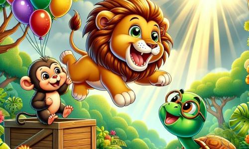 Een grote leeuw genaamd Leo, met een stralende gouden manen en een blije glimlach, springt van vreugde midden in een weelderige jungle. Naast hem klimt een ondeugende aap met een bruin vacht en sprankelende ogen op een tak, lachend met Leo. Niet ver van hen kijkt een wijze schildpad met een groene, glanzende schild en ronde bril met een welwillende glimlach naar de scène, zittend op een steen. De jungle is vol groene bladeren, kleurrijke bloemen en zonnestralen die door de bomen schijnen, wat een vrolijke en levendige sfeer creëert. Leo en zijn vrienden ontdekken een grote houten doos begraven in de grond, gevuld met kleurrijke ballonnen die om hen heen zweven, wat een vleugje magie aan hun avontuurlijke dag toevoegt.