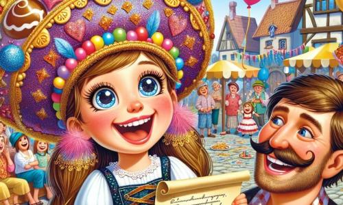 Osiemletnia dziewczynka, Amelka, z długimi brązowymi włosami i błyszczącymi oczami, nosi duży kolorowy kapelusz ozdobiony cekinami i piórami. Uśmiecha się entuzjastycznie, trzymając w rękach zwój papieru, gotowa przeczytać wiersz. Obok niej stoi jej tata, mężczyzna w wieku około czterdziestu lat z szerokim uśmiechem i zabawnym wąsem, ubrany w koszulę w kratę i szorty. Patrzy na córkę z dumą, śmiejąc się radośnie. Scena rozgrywa się na ruchliwym placu w wiosce Malinówka, udekorowanym kolorowymi balonami i festynowymi girlandami, z rodzinami siedzącymi na drewnianych ławkach i bawiącymi się dziećmi. W tle stoisko z goframi przyciąga łasuchów swoim słodkim zapachem. Amelka ma zamiar przeczytać swój wiersz z okazji Dnia Ojca, otoczona radosną i festynową atmosferą, podczas gdy inne dzieci i rodzice słuchają jej z uwagą, tworząc ciepłą i pełną miłości atmosferę.
