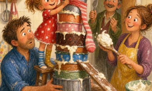 Een vrolijk vastberaden meisje van 4 jaar met glanzende ogen en ronde wangen draagt een roodgestipte jurk en verschillende sokken; ze wikkelt een lange sok rond een taartvorm en zet een knuffel bovenop een wiebelende stapel taarten. Links staat de kalme, iets verbaasde vader (~35) in een blauw gekreukeld hemd en houdt de taartbasis vast; rechts de glimlachende, geruststellende moeder (~33) met een geel meelvlekken schort die een grote lepel slagroom klaarmaakt. Op de achtergrond bij de deur kijkt de geamuseerde buurman Bert (~50) met snor en houdt een kleine taartspade alsof hij applaudisseert. Warme, lichte keuken met gebroken witte tegels, lichte houten tafel bestrooid met bloem, kleurrijke kommen, een opgehangen schort en slagroomvlekken op de deurklink. Stijl: zachte kleuren, dikke pasteltekening, ronde expressieve lijnen, vrolijke ondeugende sfeer, compositie gericht op het meisje en de "impossible tower" met slagroom die spettert.