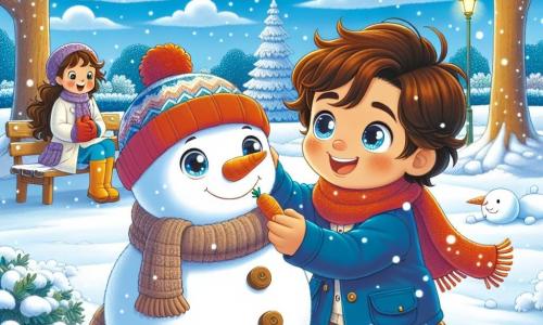 Un niño de 3 años, Lucas, con cabello castaño desordenado y mejillas rosadas, sonríe alegremente mientras construye un gran muñeco de nieve en un parque. Lleva una chaqueta azul, un gorro rojo y botas amarillas, y sus ojos brillan de emoción. Su mamá, una mujer de unos 30 años con cabello largo castaño y una sonrisa dulce, lo observa desde un banco de madera, vestida con un abrigo cálido y una bufanda colorida, animándolo con ternura. El lugar es un parque invernal mágico, donde la nieve cubre el suelo como una suave alfombra blanca, los árboles están adornados con nieve brillante, y el cielo es de un azul intenso, salpicado de algunas nubes esponjosas. La escena principal muestra a Lucas colocando una zanahoria en la cara de su muñeco de nieve, al que ha llamado "Nievecito", mientras copos de nieve caen suavemente a su alrededor, creando una atmósfera mágica y alegre.