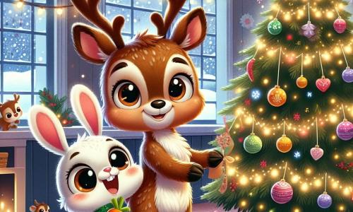 Renzo, un pequeño reno de pelaje marrón y ojos curiosos, está frente a un gran árbol de Navidad decorado con guirnaldas coloridas y luces brillantes. Sonríe ampliamente, lleno de emoción y alegría, mientras sostiene una estrella de papel en sus pequeñas patas. A su lado, Brinco, un adorable conejito de grandes orejas y pelaje blanco, salta de alegría, con ojos brillantes de entusiasmo. Sostiene una zanahoria en sus patas delanteras y parece listo para ayudar a Renzo a colocar la estrella en la cima del árbol. La escena tiene lugar en la acogedora sala de la "Escuela de Navidad", llena de decoraciones festivas, guirnaldas luminosas y copos de nieve que caen suavemente por las ventanas. La atmósfera es mágica, con risas de animales y el olor de galletas recién horneadas en el aire. La situación principal muestra a Renzo y Brinco trabajando juntos para decorar el árbol de Navidad, rodeados de sus amigos animales, todos ansiosos por celebrar la magia de la Navidad.