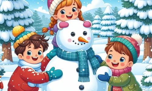 A 4-year-old boy, Sam, with messy brown hair, rosy cheeks, and a big smile, is building a snowman in a snowy park. He is wearing a bright red sweater, blue gloves, and a yellow hat that gives him a cheerful look. Next to him, Mia, a 4-year-old girl with braided blonde hair and a pink scarf, helps him roll a large snowball, her eyes shining with excitement. Jake, a 4-year-old boy with brown hair wearing a green jacket, stands a bit further away, holding a carrot for the snowman's nose, with a big smile on his face. The park is filled with tall trees covered in sparkling snow, and the ground is a stretch of white powder under a clear blue sky with falling snowflakes. The main scene shows the three friends building their snowman, laughing and having fun together, while a white owl on a branch watches them, adding a magical touch to this joyful winter scene.