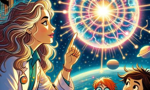 Op de voorgrond staat Dr. Stella Sterrenhart, een vrouw met lange golvende haren die glanzen als sterren, met een verwonderde glimlach op haar gezicht. Ze draagt een kleurrijk ruimtepak, versierd met patronen van sterrenstelsels, en kijkt gefascineerd naar een enorme bol van lichtenergie die pulseert met heldere kleuren. Naast haar wijst Tim, een 10-jarig jongen met ronde brillen en tousled haar, naar de bol met zijn ogen wijd open van verwondering. Iets verderop maakt Sara, een 9-jarig meisje met vlechten en een roze ruimtepak, aantekeningen in een klein notitieboekje, haar gezicht verlicht door het licht van de anomalie. De achtergrond toont een uitgestrekt ruimtegebied, vol met fonkelende sterren en kleurrijke planeten, met de contouren van hun ruimteschip, de Sterrenjager, die in de buurt zweeft. De energiebol in het midden straalt licht uit en projecteert hologrammen van sterrenstelsels en sterren, wat een magische en fascinerende sfeer creëert. De hoofdscène toont Stella en haar vrienden die een mysterieuze anomalie in de ruimte ontdekken, gefascineerd door de schoonheid en geheimen die het onthult, klaar om samen de wonderen van het universum te verkennen.