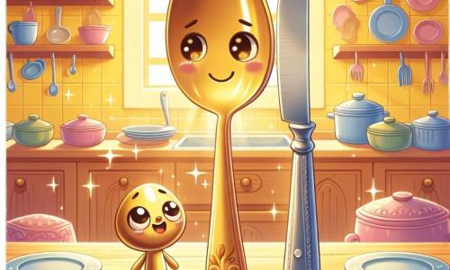 Sunny Spoon, a shiny metal spoon with a smiling face and sparkling eyes, stands in the center of the scene, looking sad and thoughtful towards the corner of the kitchen. Beside him, Knife, a steel knife with a smooth blade and a comforting smile, tries to cheer him up with a friendly and encouraging expression. In a corner, Grandma Fork, a silver fork with delicate tines and a wise look, rests in an ornate wooden box, surrounded by soft rays of light, appearing peaceful and serene. The kitchen is warm and inviting, with sunny yellow walls, a large wooden countertop, and shelves filled with colorful dishware. On the table, empty plates and meal leftovers evoke joyful memories. With a melancholic look, Sunny Spoon reminisces about Grandma Fork's stories while Knife attempts to make him smile, creating a sweet and nostalgic atmosphere.