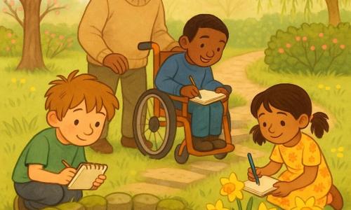 Four characters: Milo — about 8, tousled light brown hair, curious eyes, green T‑shirt, crouched at the left foreground by a small circular moss‑edged pond holding a sketchbook and looking at a tadpole; Nora — about 6, brown pigtails, yellow floral dress, gentle smile, kneeling by a clump of daffodils to the right of the pond, sketching a bud; Sam — about 8, short black hair, in a small painted wooden wheelchair wearing a blue sweater, near the gravel path steps at center‑right, leaning toward the pond with a pencil and notebook; Grandpa — about 70, short graying beard, beige wool sweater, standing behind the children with a hand on Sam’s chair back, smiling and watching. Setting: a spring country garden in soft morning light with bright green grass, flat stone and gravel path, apple trees with pink buds, a hedge, a weeping willow over the water, beds of yellow daffodils, sun rays filtering through branches, a few bubbles on the pond and a light ground mist. Main scene: a peaceful observation moment as the children and grandfather watch and listen to pond and garden life — Milo shows a tadpole, Nora draws a bud, Sam records sounds, Grandpa watches fondly; warm composition, pastel colors, soft expressive lines and visible textures of bark, petals and water reflections.
