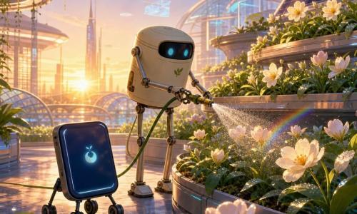 A small rolling display-guide (a glossy rectangular tablet screen mounted on four thin wheels) appears shy and curious: glossy midnight-blue with rounded corners, a slightly dim screen and a small glowing icon, it rolls gently watching the horizon at sunrise; a secondary gardener robot (low cylindrical body, long thin legs and delicate pincer arms) is calm and attentive: matte cream metal shell and a bright green eye lens, watering terraced beds with a hose that emits a fine mist; several terraced real plant beds (narrow troughs, glossy leaves, pale flowers beaded with dew) are framed by a few solar panels and brushed-steel edges; in the background a futuristic city under the roofs shows broad glass halls and luminous ribs, flexible ceiling screens, discreet floating holograms and glass towers gilded by the rising sun; the first morning light touches opening flowers, the water mist creates tiny rainbows, and a serene, warm atmosphere emphasizes the cooperation between the guide and the gardener; style: vivid contrasting colors, crisp outlines, smooth textures, composition centered on the two characters and the illuminated row of flowers.