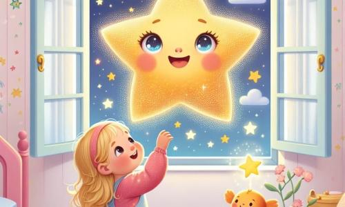 A one-year-old girl with golden hair and sparkling curious eyes is sitting on her windowsill. She has a big, amazed smile, with her hands reaching towards the starry sky. Next to her, a bright star named Twinkle, with a star shape and sparkling glimmers, joyfully floats, illuminating the room with its soft light. The scene takes place in Lily's room, decorated in pastel colors, with walls adorned with drawings of stars and clouds. The window is open, allowing a gentle breeze and twinkling stars from the night sky to enter. Lily and Twinkle share a magical moment as the little girl makes a wish while looking up at her starry friend, creating an atmosphere of dreaminess and connection between the earthly world and the sky.