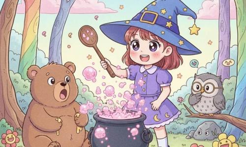 A little girl witch named Willa, about 8, with sparkling joy and big bright eyes, a blue pointed hat with yellow stars and a short purple dress with moon-shaped buttons, stirs a smoking cauldron with a large wooden spoon as pink sparks and glittering bubbles overflow; a chubby adorable brown bear named Benny sits to the left, mouth open in surprise with a spilled honey jar and golden drips on his paws; a small round owl named Ollie perches on a low branch to the right, gray feathers and round glasses, one foot to his beak as if thinking; the whimsical forest has twisted rainbow trunks, smiling flowers, bouncing rocks with mischievous eyes and fluffy pink clouds in a pastel sky; the scene is a playful "giggle mishap"—the cauldron explodes with sparks and laughing bubbles, plants begin to twist and tickle, soft lighting and crisp, manga-like outlines.