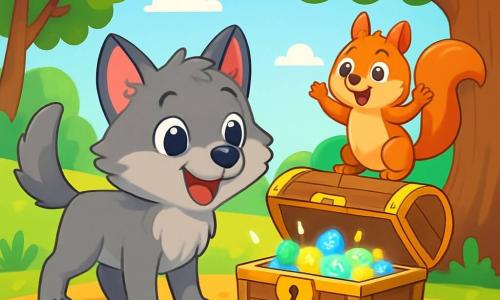 Willow, a small wolf with bright eyes and soft gray fur, stands proudly in front of an old wooden chest, her expression filled with excitement and curiosity. Her ears are perked up and her tail is raised, ready to discover the hidden treasure. Next to her, a small squirrel with reddish fur and sparkling eyes named Chippy looks on in wonder, his tiny paws raised in encouragement. He appears joyful and eager, perched on a low branch of a nearby tree. The setting is a sunny clearing surrounded by tall trees with vibrant green leaves, with colorful flowers dancing in the breeze. The chest, ancient and adorned with delicate patterns, is partially buried under golden autumn leaves. The main scene shows Willow opening the chest, revealing shiny, sparkling stones inside, while Chippy jumps for joy, his eyes wide with amazement.