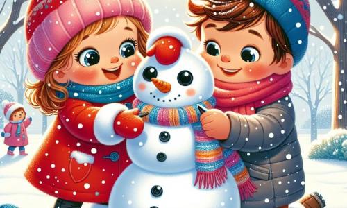 A 1-year-old girl with big sparkling eyes and rosy cheeks is wearing a bright red coat and fluffy white boots. She smiles in wonder as she looks at a large snowman she just built, with black buttons for eyes and an orange carrot for a nose. Next to her, her friend Max, a 5-year-old boy with messy brown hair and a blue hat, helps her put a colorful scarf around the snowman's neck. They are in a snowy park, where the ground is covered with a thick layer of sparkling snow under the winter sun. Snowflakes gently fall from the sky, adding to the magic of the scene. The little girl and Max laugh joyfully, sharing a moment of friendship and creativity outdoors.