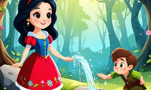 Branca de Neve, uma jovem de pele clara como a neve, com cabelos negros brilhantes e olhos cheios de curiosidade, está à beira de uma pequena fonte cintilante. Ela veste um vestido vermelho e azul, decorado com padrões florais, e seu rosto expressa uma determinação suave, misturada com deslumbramento. Ao seu lado, Soneca, um pequeno homem com cabelos castanhos bagunçados e barba desgrenhada, observa a fonte com olhos arregalados, cheio de preocupação. Ele usa uma túnica verde e calças bege, parecendo pronto para proteger sua amiga. O cenário é uma linda floresta encantada, com árvores majestosas de folhas verdes vibrantes, flores coloridas espalhadas pelo chão e raios de sol filtrando-se pelas ramas, criando uma atmosfera mágica. A situação principal mostra Branca de Neve e Soneca diante da fonte mágica, enquanto se preparam para defender suas memórias contra uma sombra ameaçadora que se aproxima, cheios de coragem e esperança.