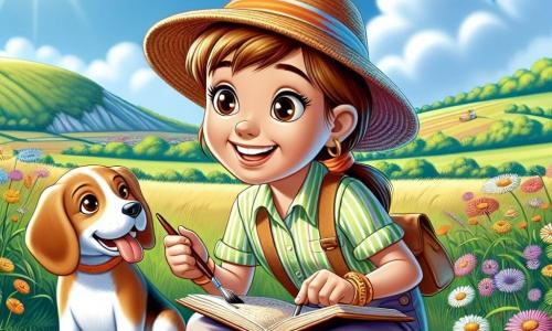 Clara, una giovane archeologa di circa 25 anni, è seduta per terra con un grande sorriso meravigliato sul volto. Indossa un cappello di paglia e una camicia a maniche corte, i suoi capelli castani sono raccolti in una coda di cavallo. Sta scoprendo un frammento di ciotola antica, con un pennello delicato in una mano e un taccuino aperto nell'altra, dove prende appunti con entusiasmo. Accanto a lei, Tobia, un cane di razza beagle, è seduto, con le orecchie dritte e la lingua di fuori, guardando Clara con curiosità. È gioioso e sembra pronto ad aiutarla nella sua ricerca. Il luogo è un prato verde, punteggiato di fiori selvatici colorati, con una dolce collina sullo sfondo. Il cielo è di un blu brillante, con alcune nuvole bianche, e il sole splende, illuminando la scena con una luce dorata. La situazione principale mostra Clara mentre scava nel terreno, scoprendo con meraviglia un tesoro del passato, mentre Tobia, il suo fedele compagno, la incoraggia con il suo sguardo curioso e affettuoso.