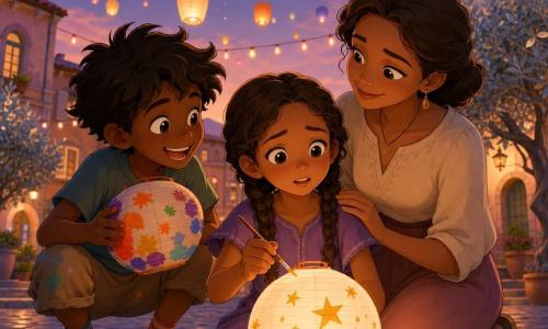 The main girl, about 10, anxious but awed with soft features, big bright eyes and chestnut hair in pigtails, paints a golden bridge and stars on a white paper lantern while holding a brush; Milo, a mischievous boy around 10 with tousled hair and mismatched socks, grins and leans in holding a paint-splattered lantern to encourage her; their smiling mother stands behind with a hand on the girl's shoulder. The twilight village square has wet cobbles, pastel stone houses, hanging lights and silver-leaved trees; hundreds of colorful paper lanterns float, casting warm orange and yellow glows. Mood: intimate, hopeful; visual style: 3D cartoon cel-shaded with visible paper textures, crisp lines, saturated warm colors and soft dusk lighting.