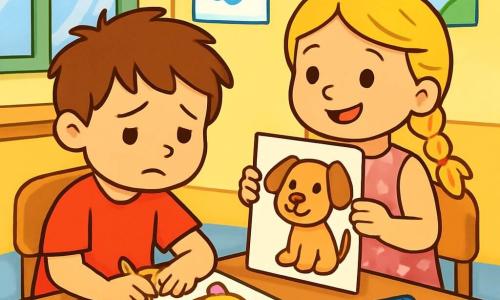 Ci sono 2 personaggi principali: Marco, un ragazzo di 5 anni con capelli castani disordinati, che indossa una maglietta rossa e pantaloni blu, seduto a un tavolo concentrato sul suo disegno di un gatto colorato; e Sofia, una ragazza di 5 anni con capelli biondi intrecciati, vestita con un abito rosa a pois, che sta accanto a Marco, sorridendo e mostrando orgogliosamente il suo disegno di un cane. La scena si svolge in un'aula luminosa e allegra, con muri gialli e finestre che lasciano entrare la luce del sole. Marco e Sofia stanno colorando i loro disegni. Marco, un po' triste, guarda il disegno di Sofia, mentre lei gli sorride per confortarlo. I due amici condividono un momento di emozione, imparando ad accettare i propri sentimenti e ad apprezzare le loro creazioni uniche.